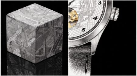 Tektora-inspired compact meteorite open-heart watch concept with guilloché chapter ring and syringe hands