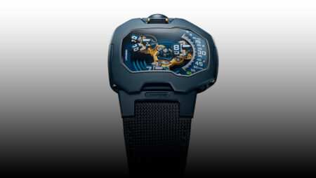 Urwerk Sends the UR-120 Blue Planet Into a Deeper Orbit Urwerk UR-120 Blue Planet limited edition watch with azure PVD steel case and satellite time display