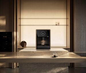 Loewe aura.matic automatic coffee machine with aluminium housing, glass door and wooden frame