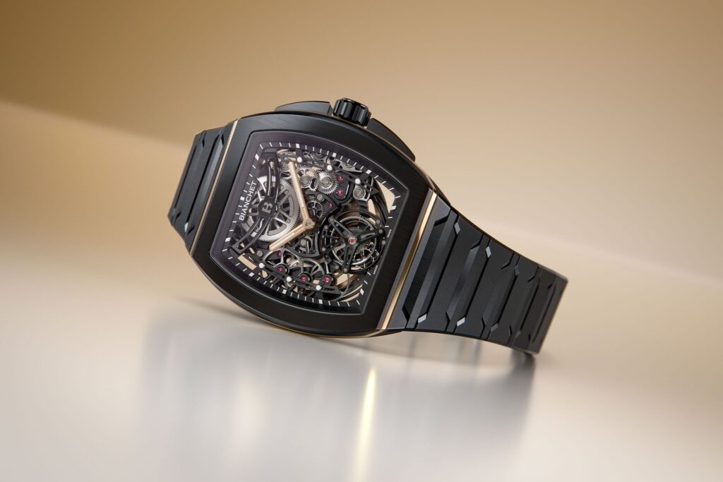 Bianchet UltraFino Tonneau Black Ceramic and Gold watch with openworked tourbillon movement