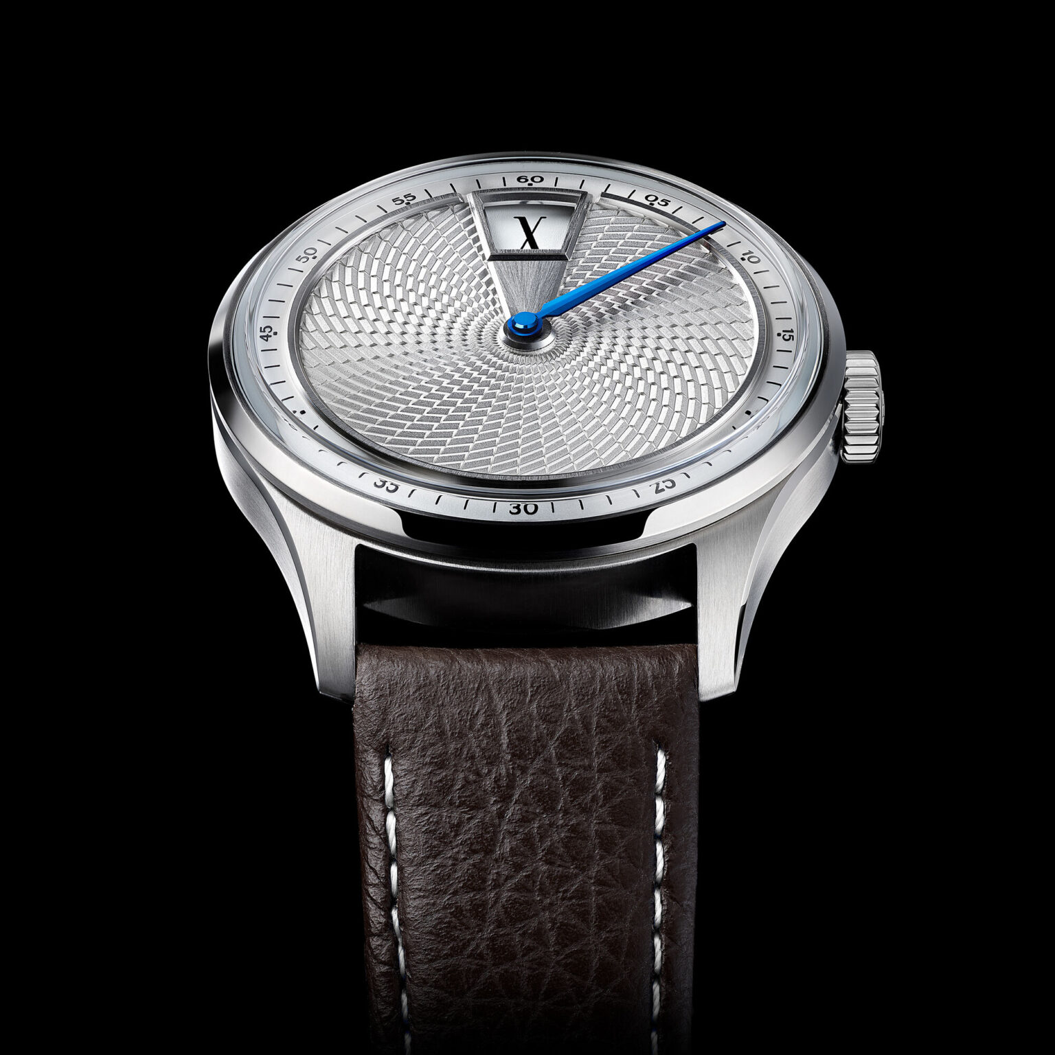 Christopher Ward C1 Jump Hour XV limited edition watch with rhodium silver guilloche dial