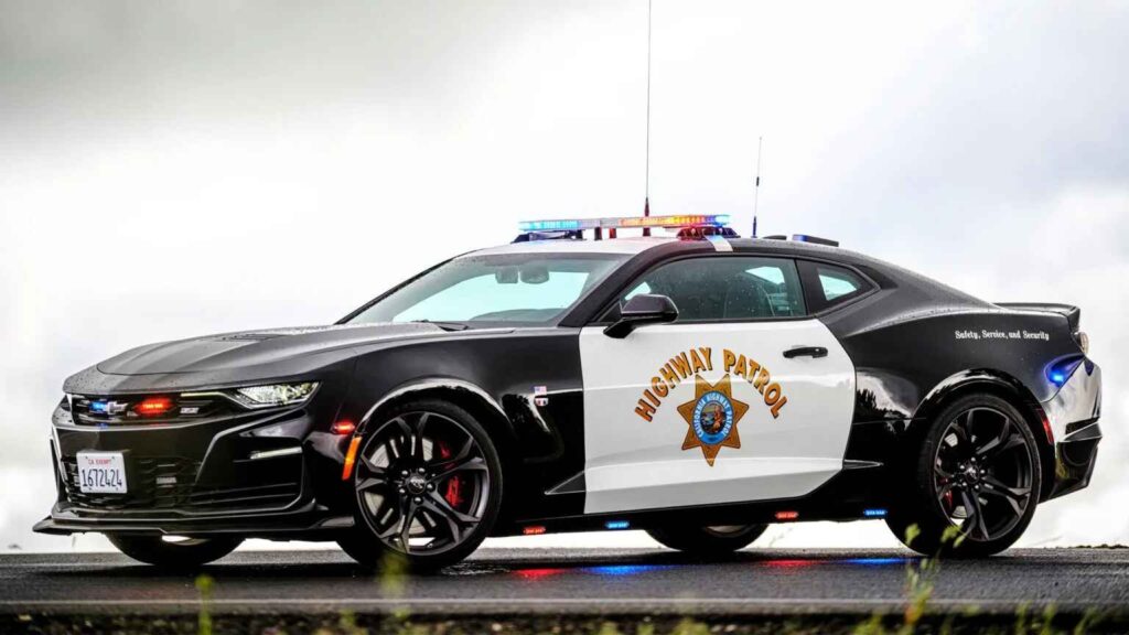 California Highway Patrol Chevrolet Camaro patrol car in black and white livery