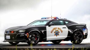 California Highway Patrol Chevrolet Camaro patrol car in black and white livery