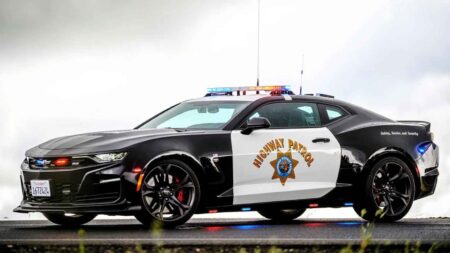 California Highway Patrol Chevrolet Camaro patrol car in black and white livery