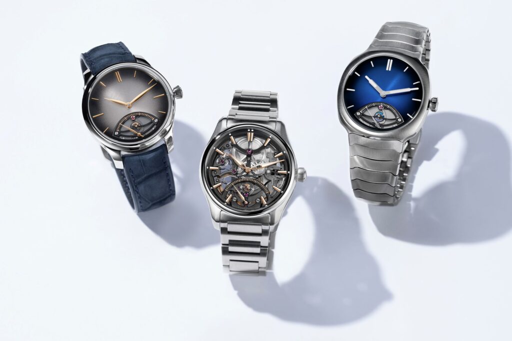 H. Moser & Cie. steel watches with 30-second retrograde seconds displays