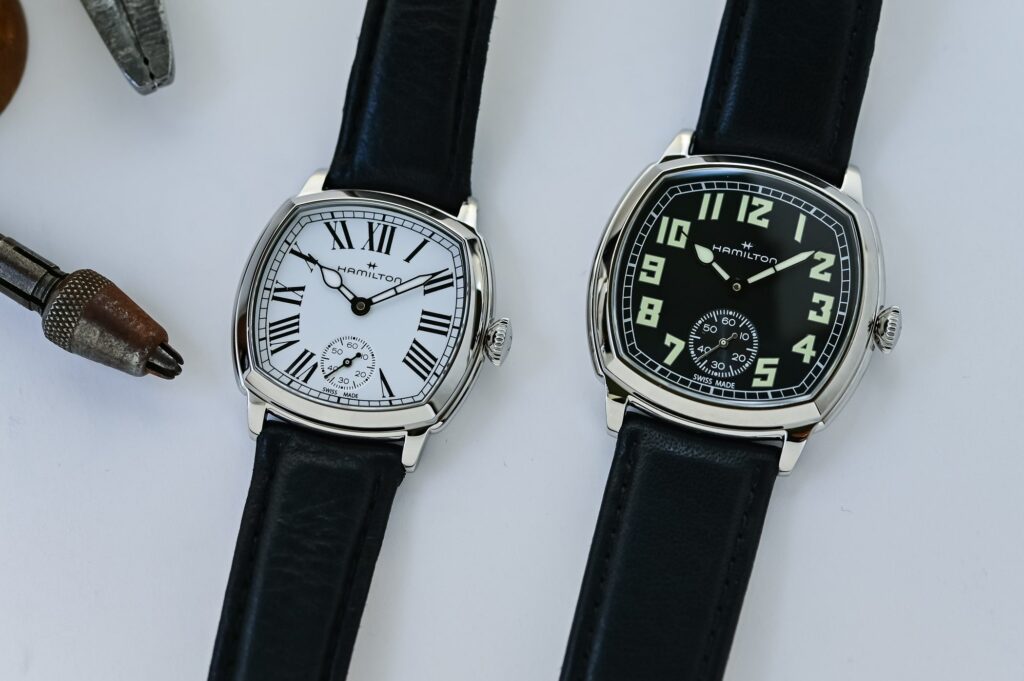 Hamilton Revives Its Art Deco Cushion Case for a New Hand-Wound Collection Hamilton American Classic Cushion Mechanical watches with Art Deco cushion cases on leather straps