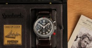 Hanhart 417 ES Steve McQueen Limited Edition No. 1 on a dark brown cuff strap