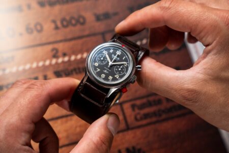 Hanhart 417 ES Steve McQueen Limited Edition No. 1 on a dark brown cuff strap