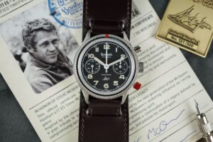Hanhart 417 ES Steve McQueen Limited Edition chronograph on a dark brown cuff strap