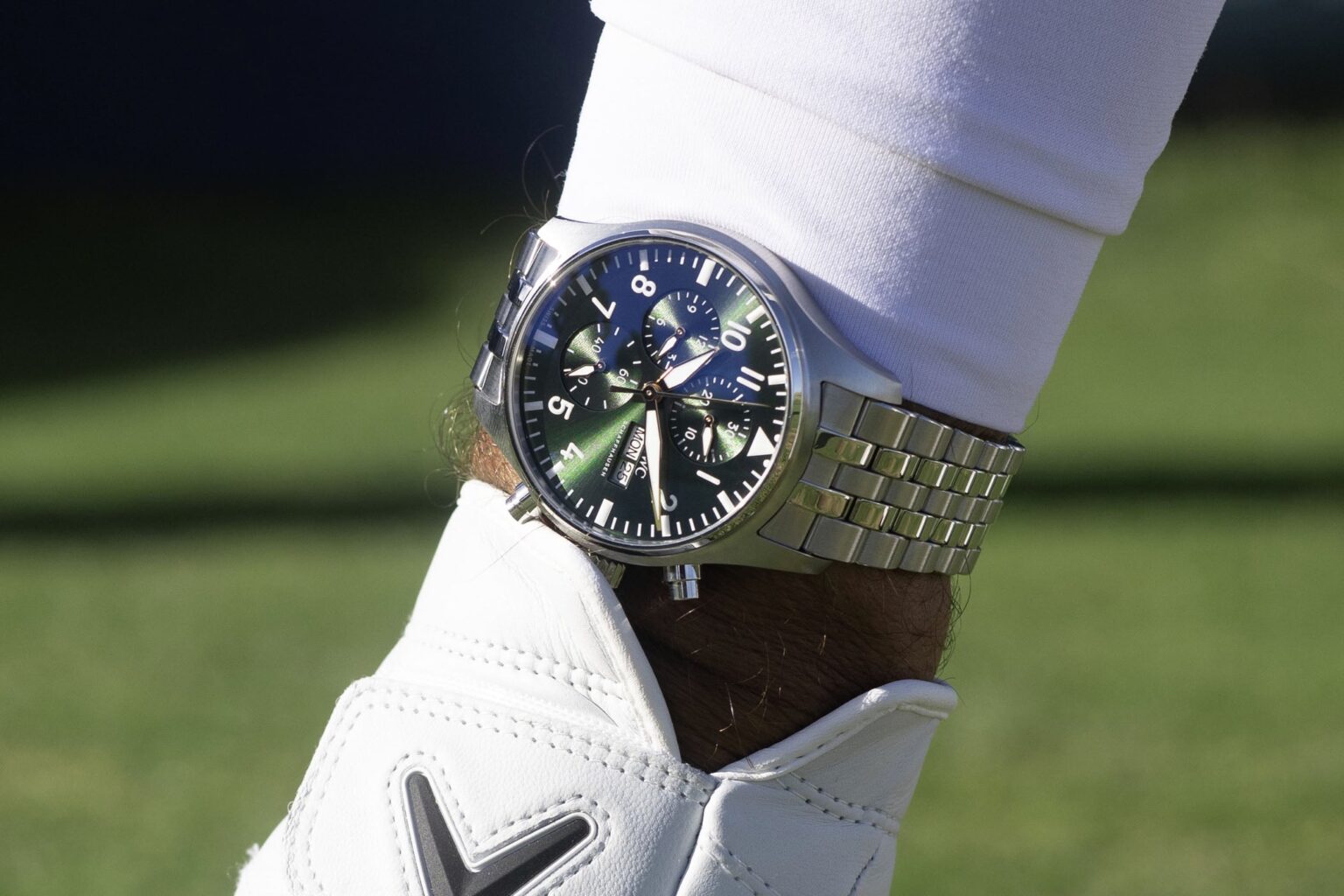 IWC Brings Olive Green to the Pilot’s Watch Chronograph 43 IWC Pilot’s Watch Chronograph 43 Olive Green IW378008 on stainless steel bracelet