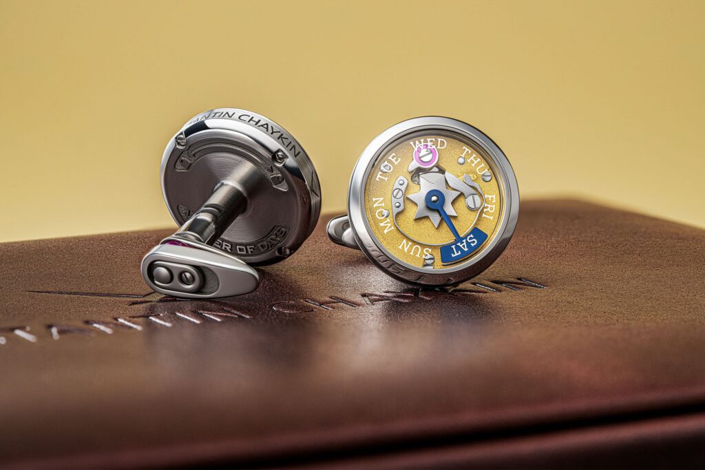 Konstantin Chaykin Master of Days titanium mechanical cufflinks with blue day pointer
