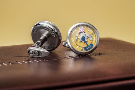 Konstantin Chaykin’s Master of Days Turns the Cufflink Into a Mechanical Calendar Konstantin Chaykin Master of Days titanium mechanical cufflinks with blue day pointer
