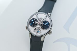 MB&F Legacy Machine 1 EVO watch with suspended balance wheel and dual black sub-dials