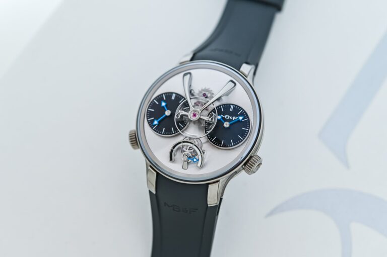 MB&F Legacy Machine 1 EVO watch with suspended balance wheel and dual black sub-dials