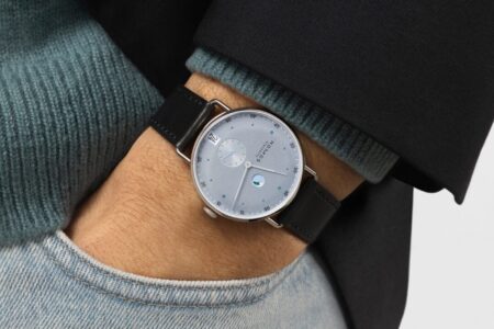 Nomos Gives the Metro Date Power Reserve an Ice Blue Dial and a New Calibre Nomos Metro Date Power Reserve Ice Blue watch with light blue dial and black leather strap