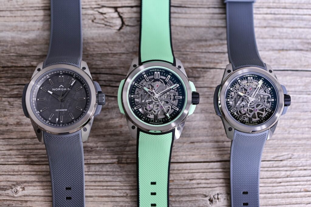 Norqain Gives the Wild One a Sharper Titanium Profile Three Norqain Wild One Titanium watches with skeleton and meteorite dials