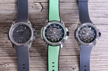 Norqain Gives the Wild One a Sharper Titanium Profile Three Norqain Wild One Titanium watches with skeleton and meteorite dials