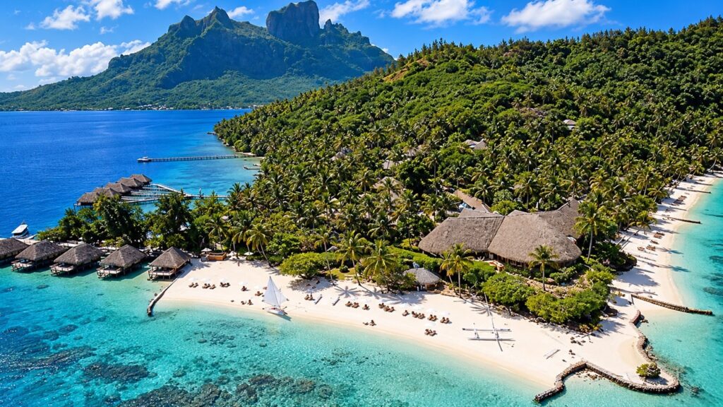Aman’s Bora Bora Comeback May Finally Be Taking Shape Turquoise Bora Bora lagoon with overwater bungalows and Mount Otemanu in the distance
