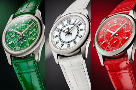Three Patek Philippe Calatrava Milan 2026 limited editions in red, green and white