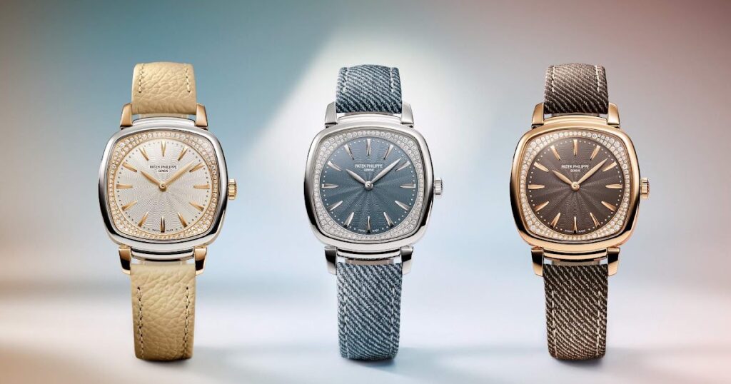 Patek Philippe Brings a Sharper Art Deco Mood to Gondolo Ladies First Patek Philippe Gondolo Ladies First cushion-shaped watch with diamond-set dial