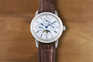 RGM’s Model 501-PC Revives an American Perpetual Calendar Tradition RGM Model 501-PC perpetual calendar watch with white enamel dial and blued steel hands
