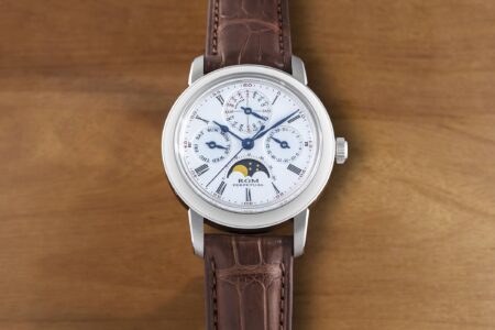RGM’s Model 501-PC Revives an American Perpetual Calendar Tradition RGM Model 501-PC perpetual calendar watch with white enamel dial and blued steel hands