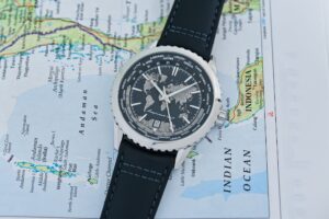 Raymond Weil Freelancer World-Traveller with blue world map dial and city bezel