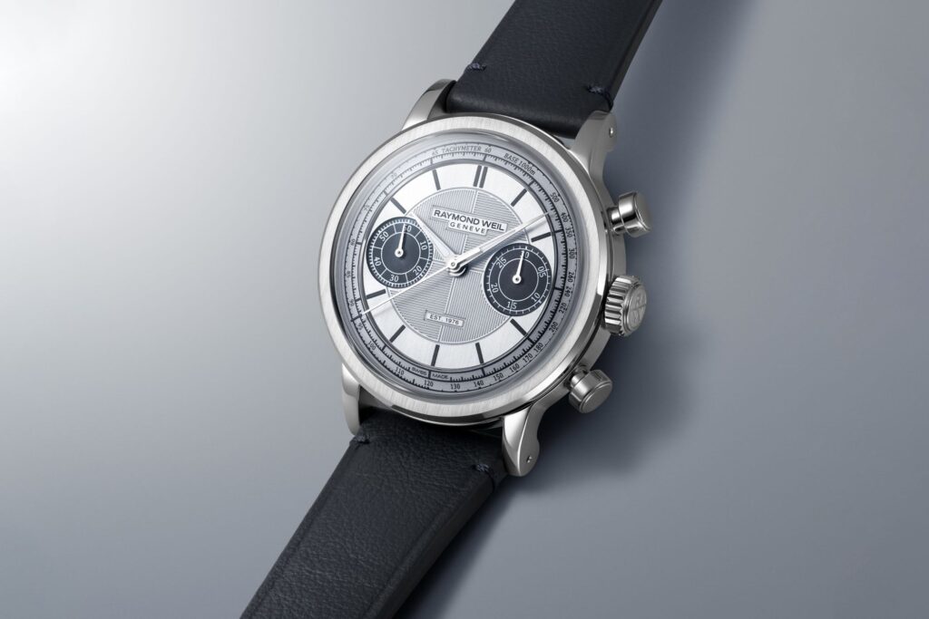 Raymond Weil Millesime Jubilee Chronograph with blue bicompax dial on a midnight-blue leather strap