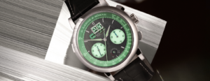 A. Lange & Söhne chronograph displayed at a Singapore exhibition with movement details visible