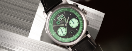 A. Lange & Söhne chronograph displayed at a Singapore exhibition with movement details visible