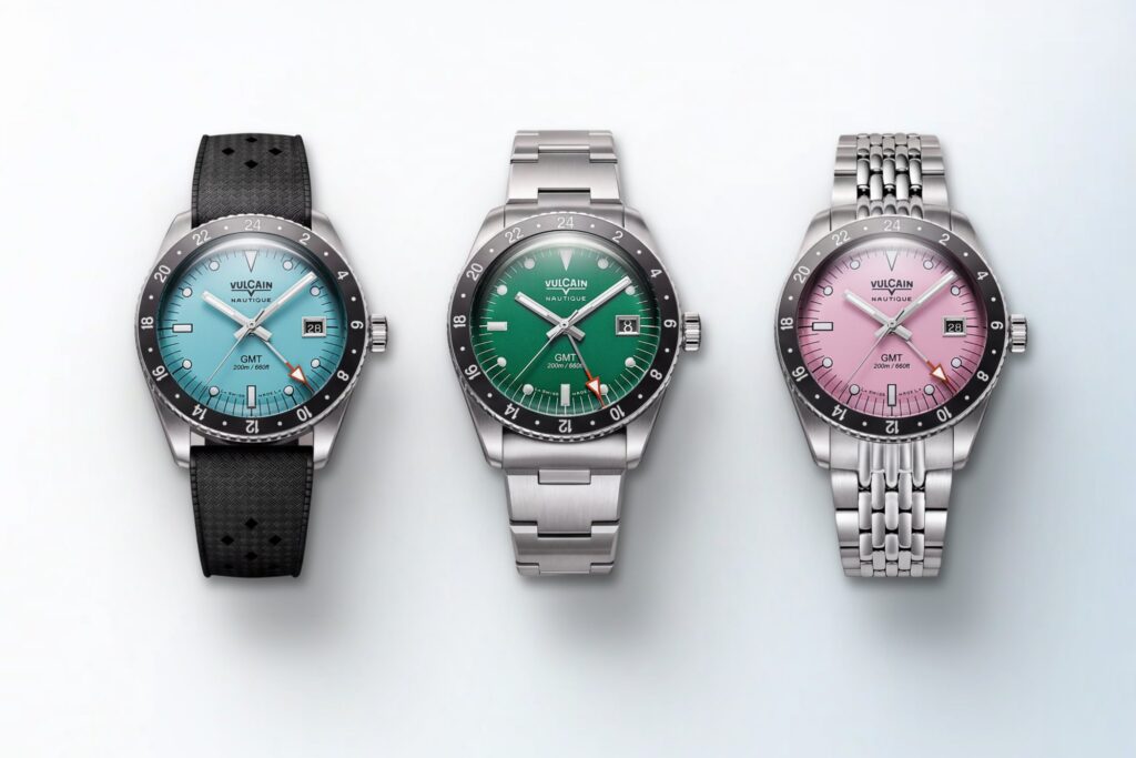 Vulcain Skindiver Nautique GMT watches with pink turquoise blue and green dials