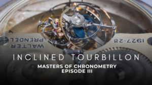 Close view of an inclined tourbillon mechanism inside a haute horlogerie wristwatch