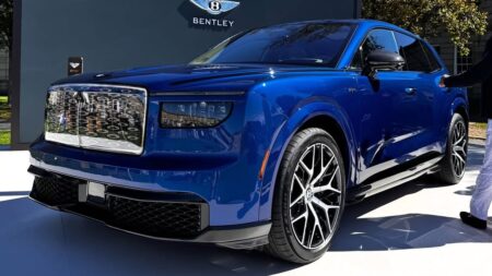 Blue Bentley Torcal electric SUV at its East Coast US debut