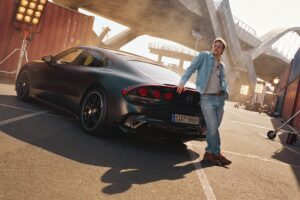 Brad Pitt with the Mercedes-AMG GT 4-Door Coupe on a Los Angeles film set
