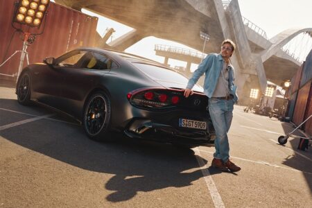 Brad Pitt with the Mercedes-AMG GT 4-Door Coupe on a Los Angeles film set