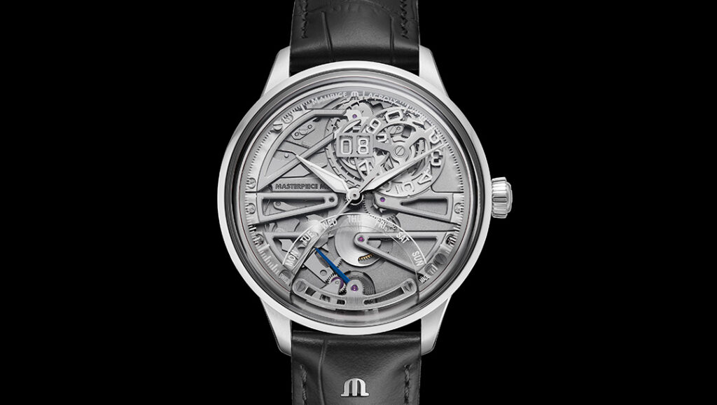 Maurice Lacroix Opens Up the 1975 Master Grand Date Rétrograde Maurice Lacroix 1975 Master Grand Date Rétrograde watch with open sapphire dial and black strap