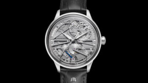 Maurice Lacroix 1975 Master Grand Date Rétrograde watch with open sapphire dial and black strap