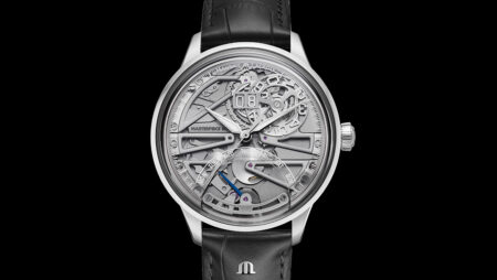 Maurice Lacroix Opens Up the 1975 Master Grand Date Rétrograde Maurice Lacroix 1975 Master Grand Date Rétrograde watch with open sapphire dial and black strap