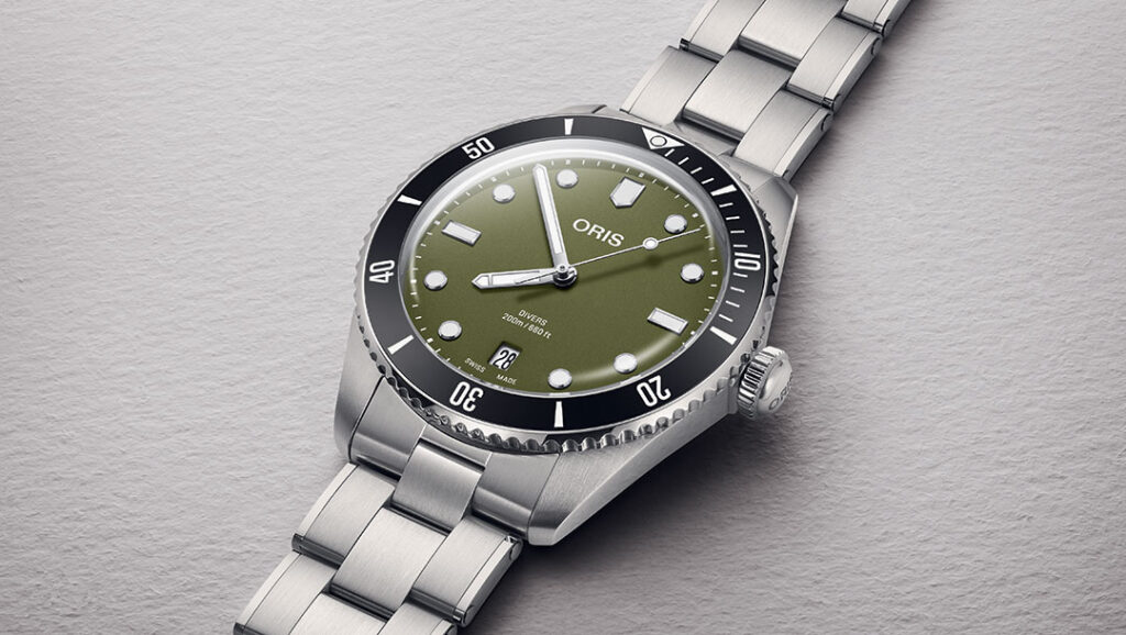 Oris Divers Date watch with olive-green dial and black bezel