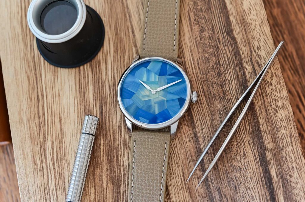 Louis Erard Marqueterie de Paille watch with blue straw marquetry dial