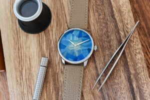 Louis Erard Marqueterie de Paille watch with blue straw marquetry dial
