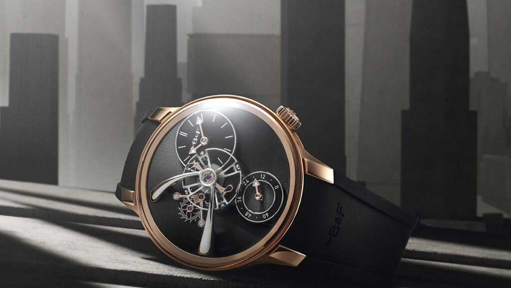 MB&F LM101 EVO NYC in rose gold with black dial and visible flying balance wheel