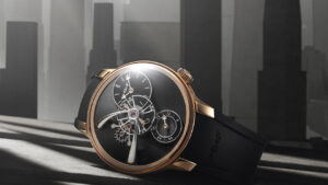 MB&F LM101 EVO NYC in rose gold with black dial and visible flying balance wheel