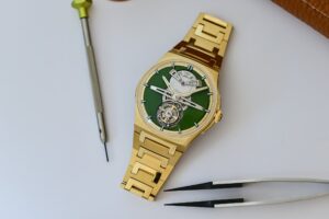 Czapek Antarctique Tourbillon Victory Green yellow gold watch with forest green guilloché dial