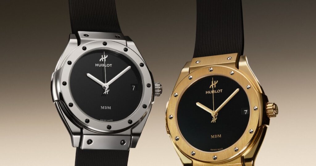 Hublot Classic Fusion Tributo watches in yellow gold and white gold with black rubber straps