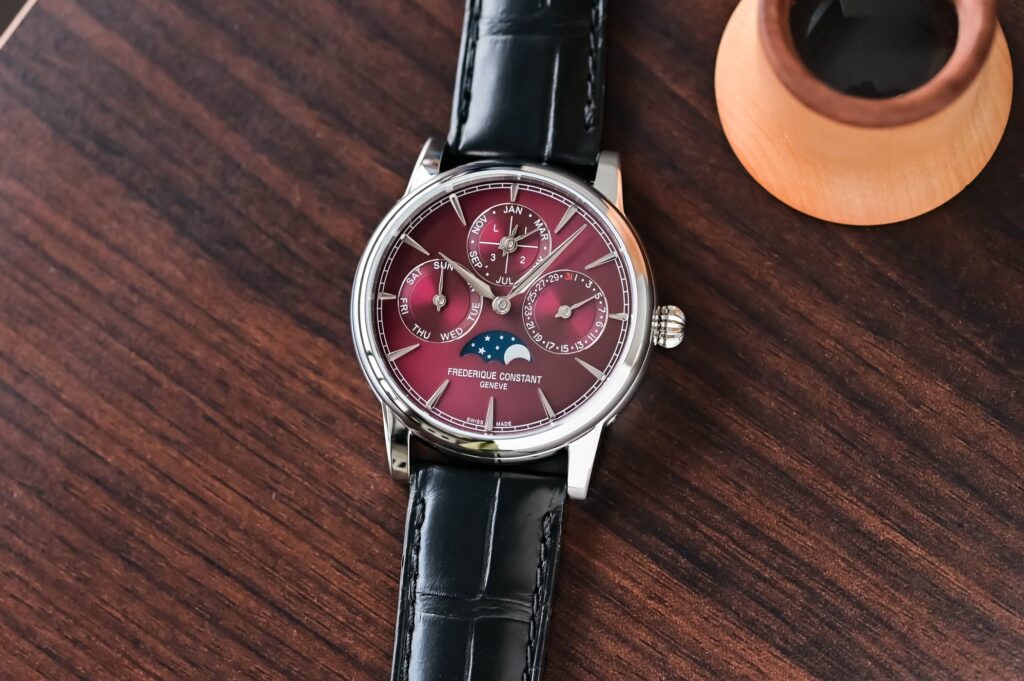 Frederique Constant Classic Perpetual Calendar Manufacture with burgundy dial on black alligator strap