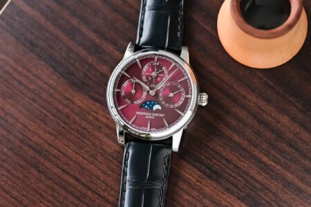 Frederique Constant’s Perpetual Calendar Gets a Burgundy Dress-Watch Turn Frederique Constant Classic Perpetual Calendar Manufacture with burgundy dial on black alligator strap
