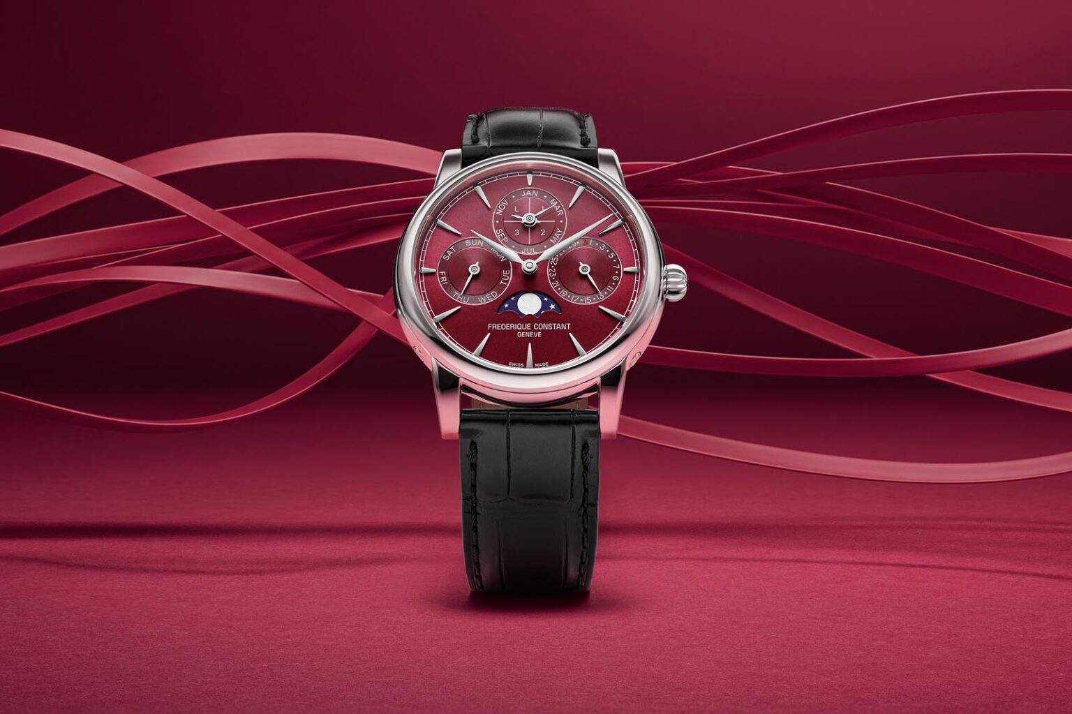 Frederique Constant Adds a Burgundy Dial to Its Classic Perpetual Calendar Manufacture Frederique Constant Classic Perpetual Calendar Manufacture with burgundy dial