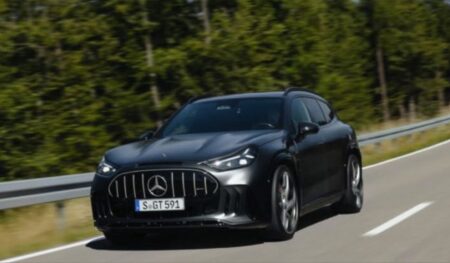 Leaked front three-quarter view of the Mercedes-AMG electric GT SUV with AMG grille and muscular bodywork