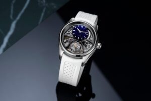 H. Moser & Cie. Pioneer Cylindrical Tourbillon Skeleton Aventurine Saquon Barkley Edition with aventurine subdial and white rubber strap